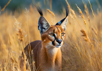 Lynx in tall and yellow savannah grass, savannah desert fauna, wildlife animals