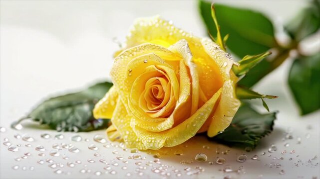 Yellow rose with drops of water on white background