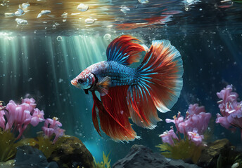 Obraz premium Betta fish in deep blue ocean sea waters, marine animals, colorful sea fish, sea and ocean creatures