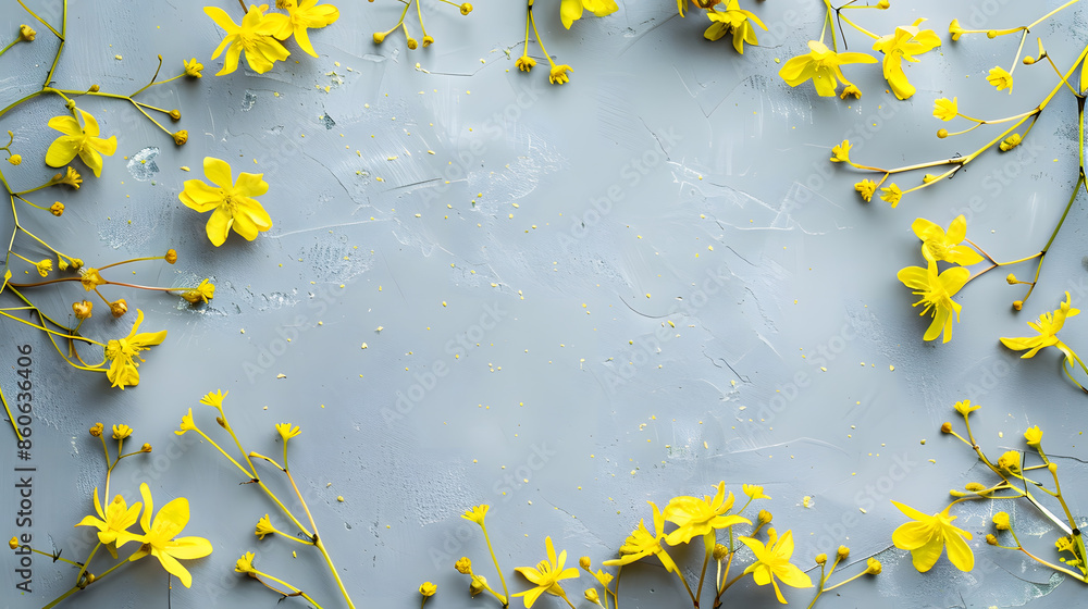 Aufkleber flowers composition frame made of yellow flowers on gray background flat lay top view square copy sp