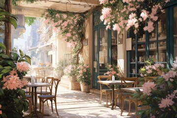Inviting urban cafe with a warm welcome at the entrance adorned with beautiful blooming flowers