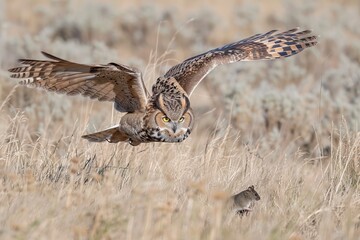 Fototapeta premium Owl flying low over dry grass with prey in sight.