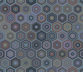 Seamless mosaic background. Hexagon stacked mosaic background. Hexagonal cells. Multiple tones color palette. Seamless pattern. Tileable vector illustration.