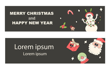 y2k new year banner with groovy characters santa and other holiday elements. Christmas groovy characters background. xmas horizontal banner.