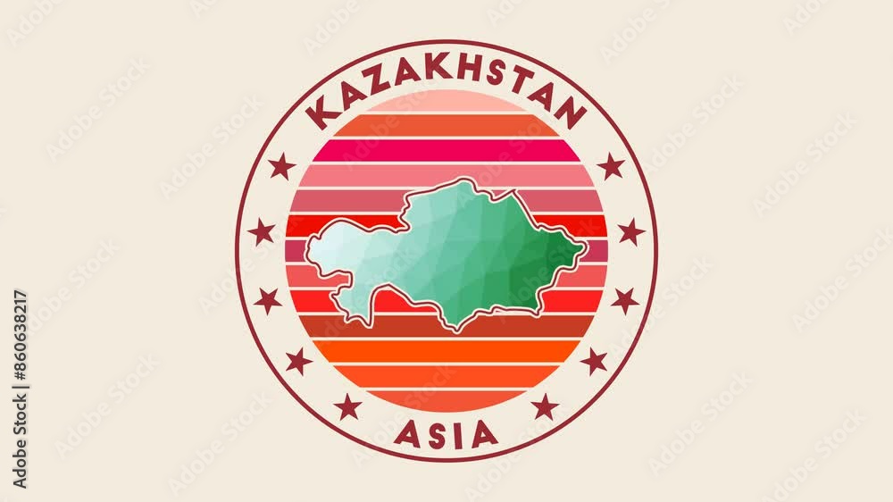 Poster kazakhstan intro video featuring a badge with the circular name and map of the country in a low poly
