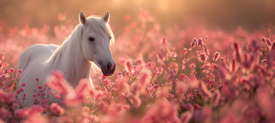 White horse with a long mane in a pink flower field against the sky. retro shooting