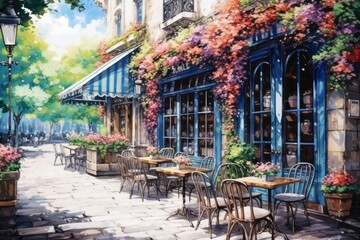 Welcoming street cafe entrance adorned with flowers, creating a cozy and inviting atmosphere