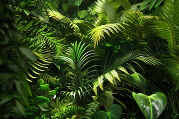 A dense tropical forest canopy filled with vibrant green foliage, perfect for an eco-tour adventure. Generative AI