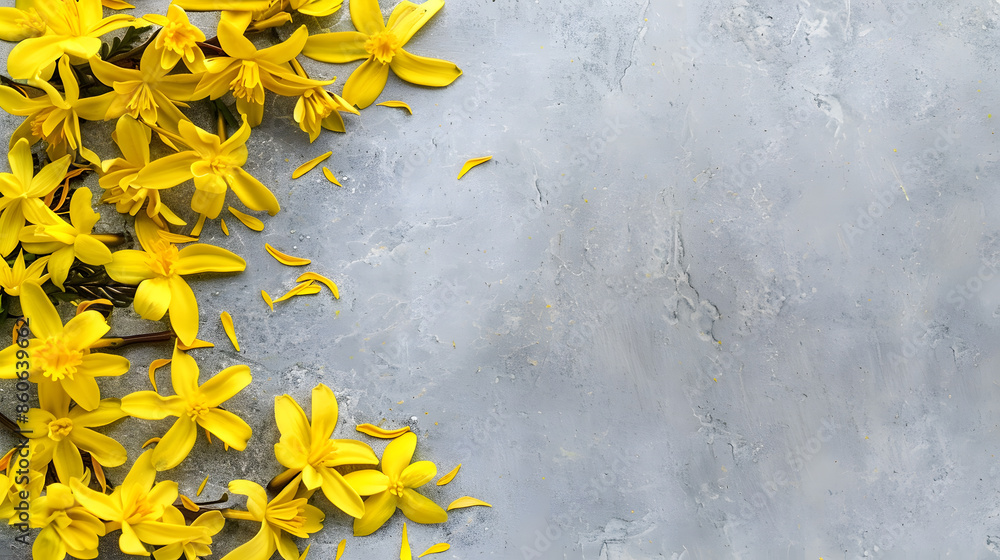 Aufkleber flowers composition frame made of yellow flowers on gray background flat lay top view square copy sp
