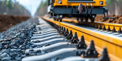 Track stabilizer machine in action during maintenance to stabilize railroad tracks. Concept Railroad Maintenance, Track Stabilizer, Heavy Machinery, Railroad Tracks, Maintenance in Action