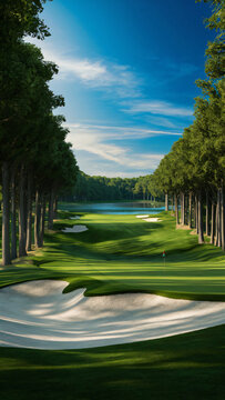 An aerial view of a beautiful golf course, surrounded by tall trees. A large bunker sits near the clubhouse, with other bunkers scattered across the green fairways.