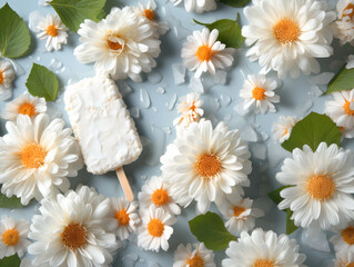Obraz premium Summer Popsicle and Daisies: Refreshing Ice Cream with Fresh White Flowers and Green Leaves