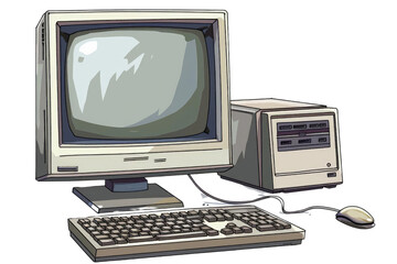 Fototapeta premium A retro desktop computer with a CRT monitor, keyboard, and mouse.