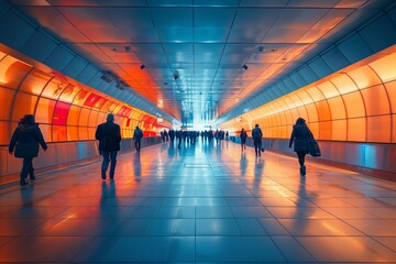 People Walking Through Illuminated Underground Passageway