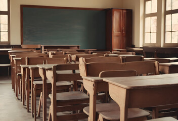 classroom from the 40s or 50s with old wooden desks and blackboard