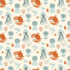 Naklejka premium Seamless pattern with stylized ocean creatures and flora, in soft marine tones, evoking the ocean's diversity, perfect for textiles and decor. Vector hand drawn flat illustration.