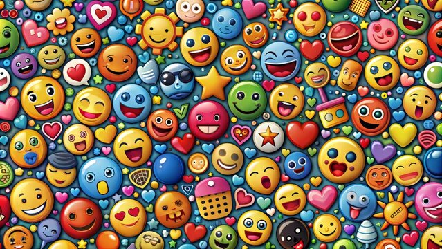 Vibrant colorful icons filling the frame, featuring diverse emotions, objects, and symbols, showcasing the evolution of digital expression from simple faces to nuanced communication tools.