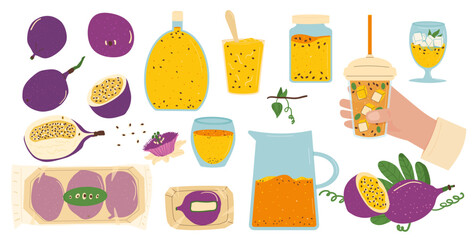 Passion fruits and products set. Tropical fruit juice, sorbet and jam clipart. Homemade passiflora preserved food collection. Vector illustration isolated on white background.