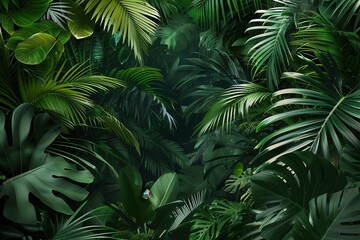 A close-up view of the dense foliage in a tropical rainforest, showcasing the vibrant greens and...