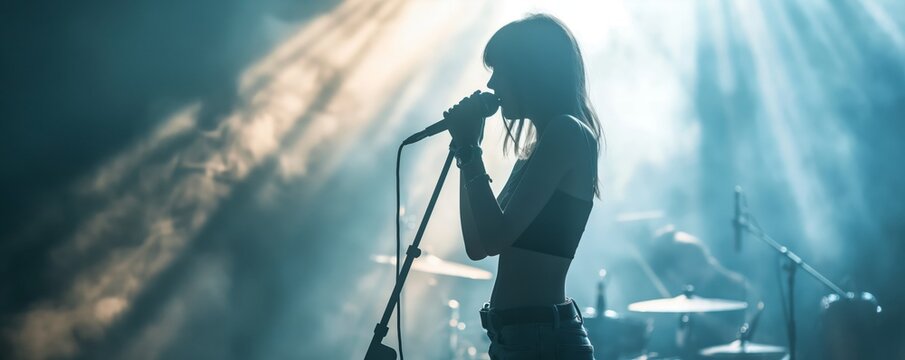 Backlit silhouette of a female singer performing on stage with a band, exuding a sense of music and drama