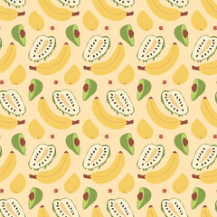 Tropical fruits seamless background. Banana, guanabana and mango with avocado repeat pattern. Vector hand drawn illustration.