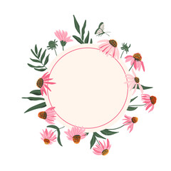 Floral wreath isolated on white background. Coneflowers flowers frame. Circle scribble border of bouquet. Vector flat hand drawn illustration.