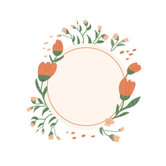 Flowers wreath isolated on white background. Red flowers frame. Circle border of bouquet. Vector illustration.