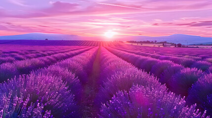Sunset over a violet lavender field in Provence France : Generative AI