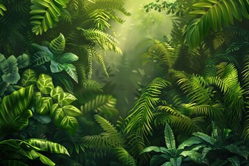 Fototapeta premium Dense foliage of a tropical rainforest with sunbeams shining through the leaves. Generative AI