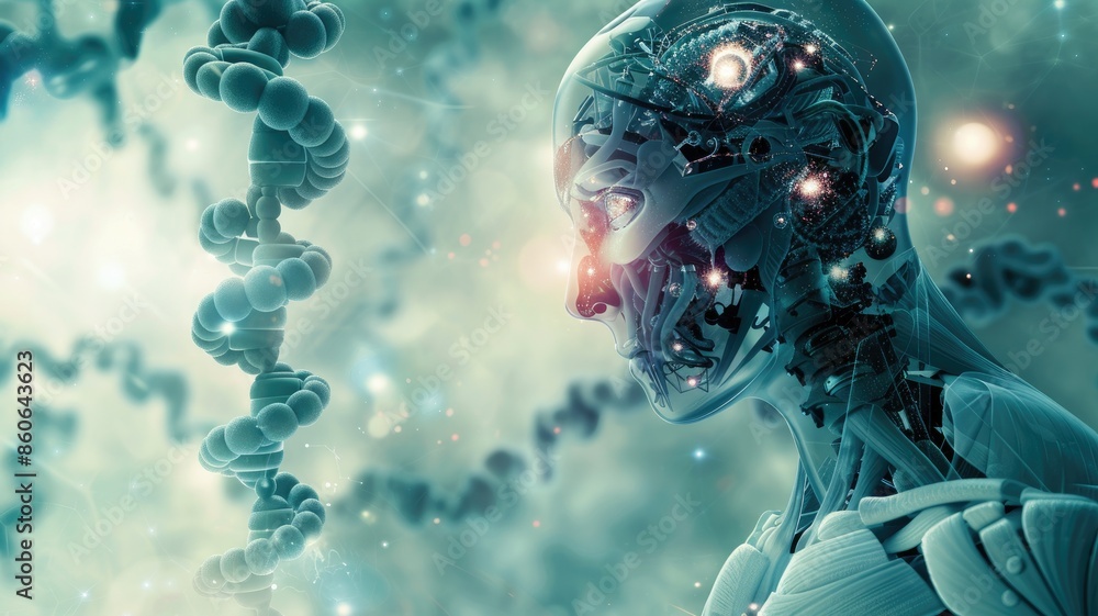 Poster futuristic humanoid robot with visible brain circuits and dna strand