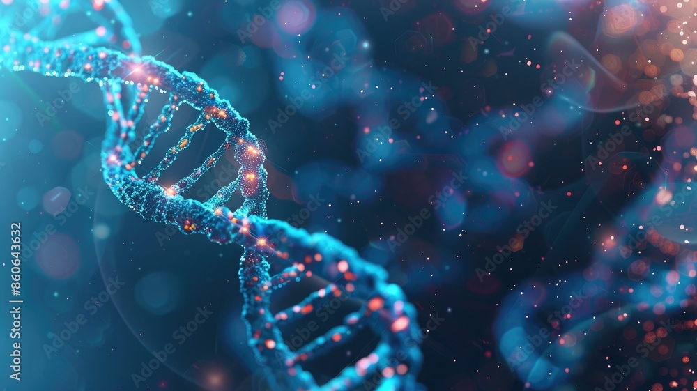 Poster digital representation of blue dna double helix with glowing connections on dark background particle