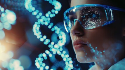 Woman with augmented reality glasses looking at DNA helix