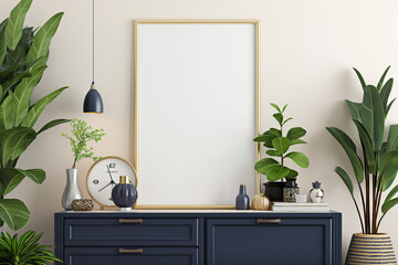 interior of a room,A stylish Scandinavian living room featuring a mock-up poster frame, a navy blue commode, and an array of plants and elegant accessories