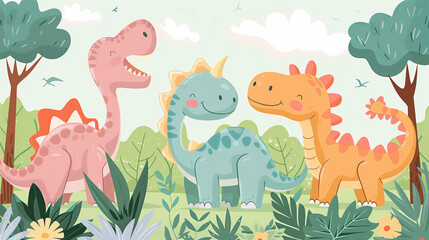 A vector illustration featuring adorable dinosaurs such as a T-Rex, triceratops, and brontosaurus in a forest setting. The scene is playful and friendly, ideal for children.

