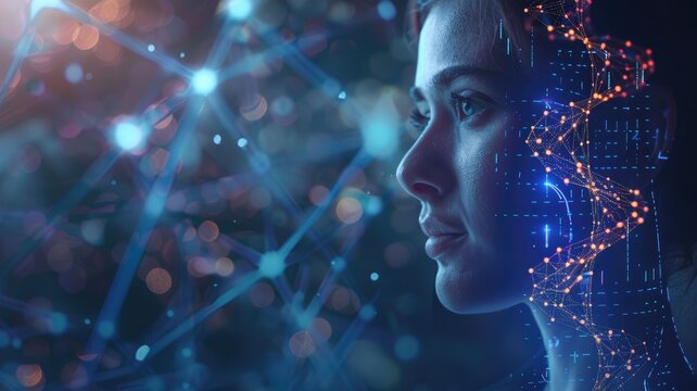 Woman's profile overlaid with digital network patterns, representing AI or virtual reality
