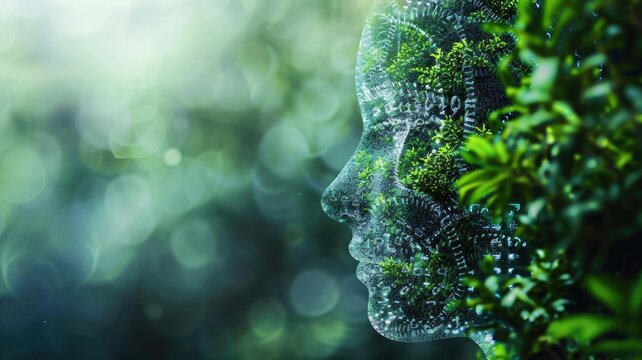 Digital composite of human head silhouette with green coding overlay and foliage background