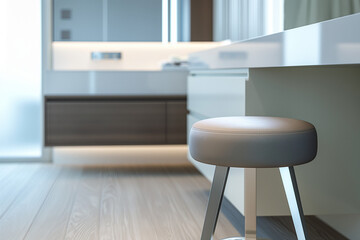An elegant, minimalistic vanity stool is perfectly placed in a modern home bathroom