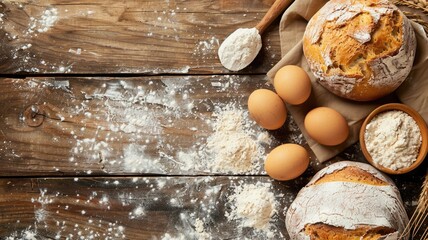 Freshly baked bread with ingredients on wooden table