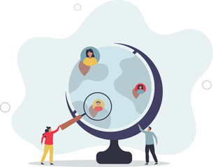 Sociology illustration.people look through magnifying glass at survey results, sociologists research society.flat