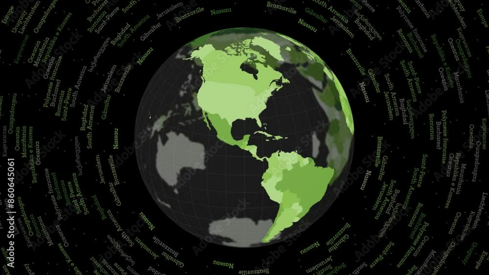 Poster rotating globe. dark translucent globe with round geographical names text. astonishing spinning plan