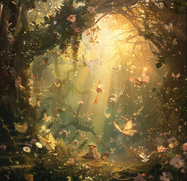 Enchanted forest with Fairies and butterflies