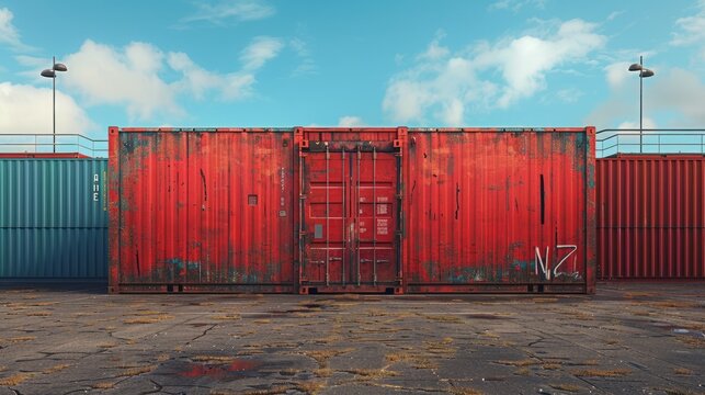 Red shipping containers with open doors under cloudy sky