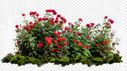 Cutout flowerbed Plants and red flowers isolated on transparent background via an alpha channel Flower bed for garden design Luxurious foliage of green bushes and shrubs Red roses : Generative AI