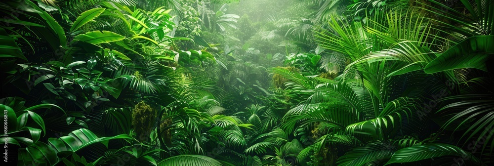 Aufkleber a lush, vibrant tropical rainforest scene, showcasing a dense canopy of diverse foliage. sunlight fi