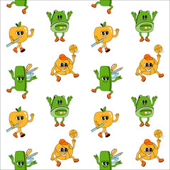 y2k school groovy seamless pattern. Childrens pattern with school supplies and y2k elements. Education repeating background with stationery, trendy retro groovy characters. Fabric childish design.