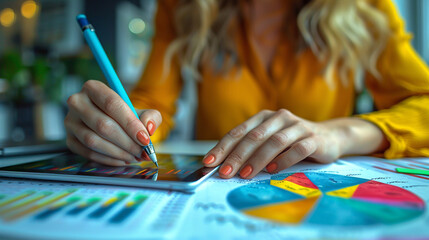 Naklejka premium Shot of a businesswoman using a digital tablet and completing paperwork in a modern office.