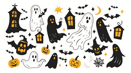 halloween, pumpkin, moon, night, autumn, house, vector, bat, castle, holiday, silhouette, horror, spooky, cartoon, illustration, scary, haunted, tree, dark, bats, celebration, set, black, design, octo