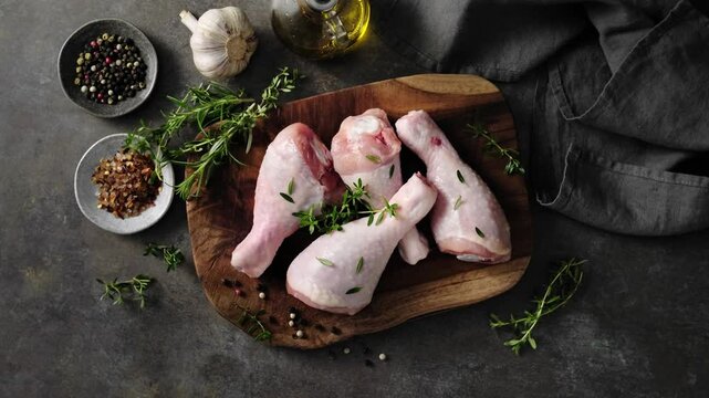 Raw chicken drumsticks close-up on the wooden cutting board, top view, stock video 4k