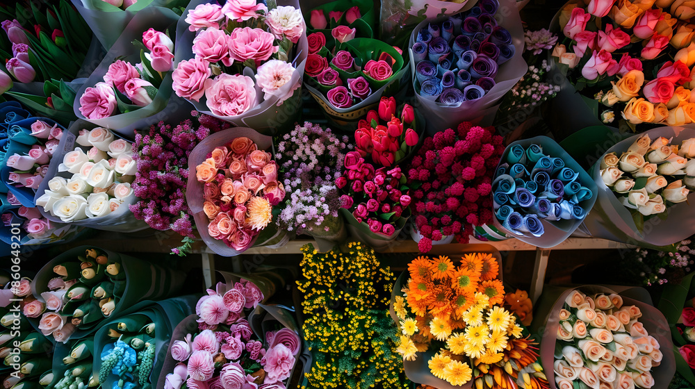 Poster many different colors on the stand or wooden table in the flower shop showcase background of mix of 