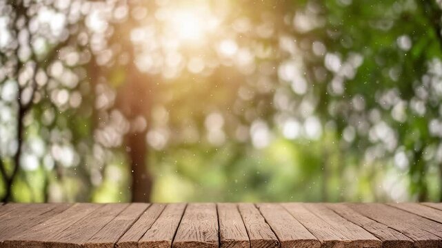 Sunny blurred nature background with empty wooden boards table loop video.